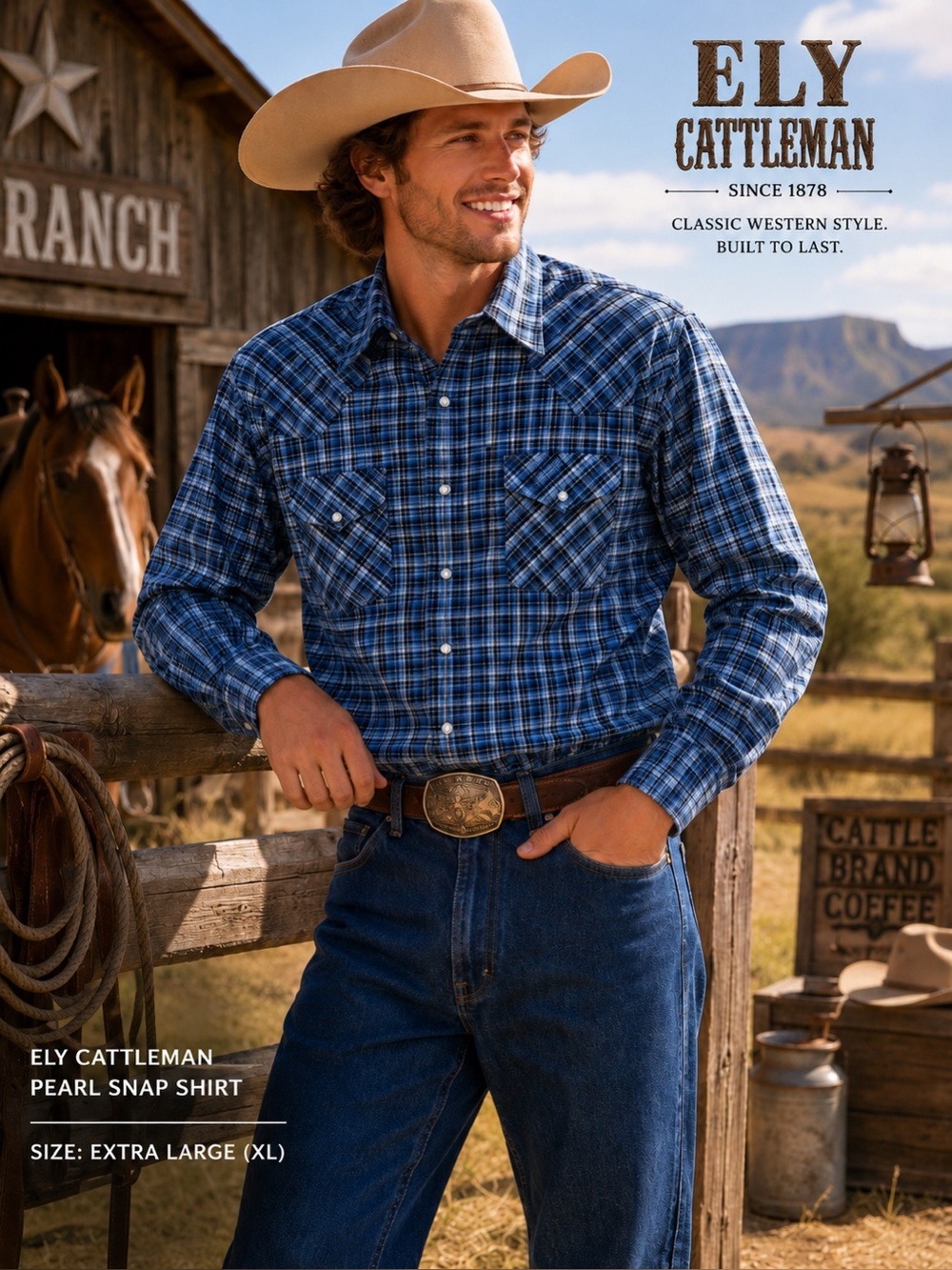 Ely Cattleman Western Pearl Snap Plaid Shirt XL Blue  Cowboy Ranch